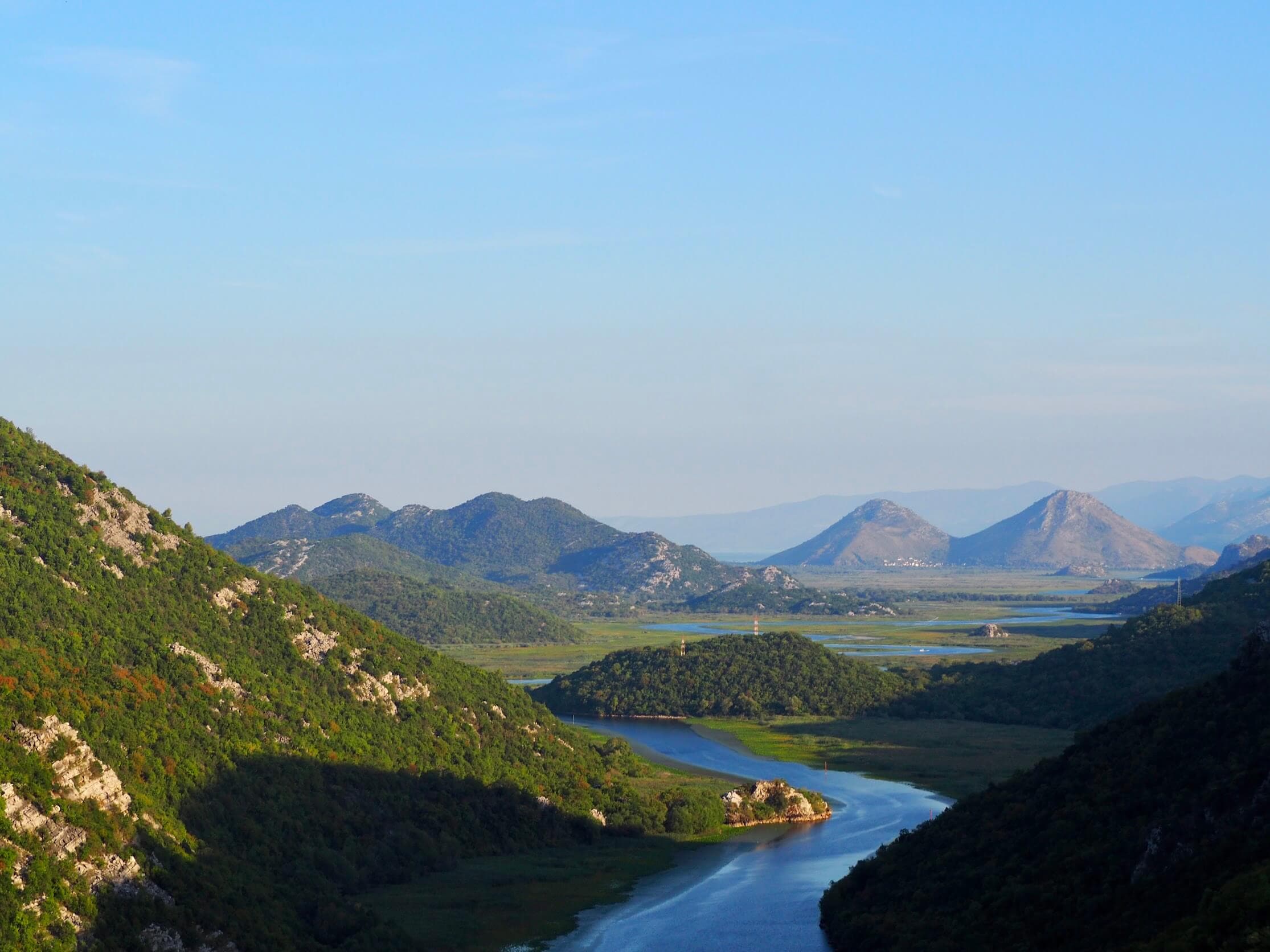 Bewaldeter Hügel, der sich im stillen Wasser des Skadar Sees in Montenegro spiegelt