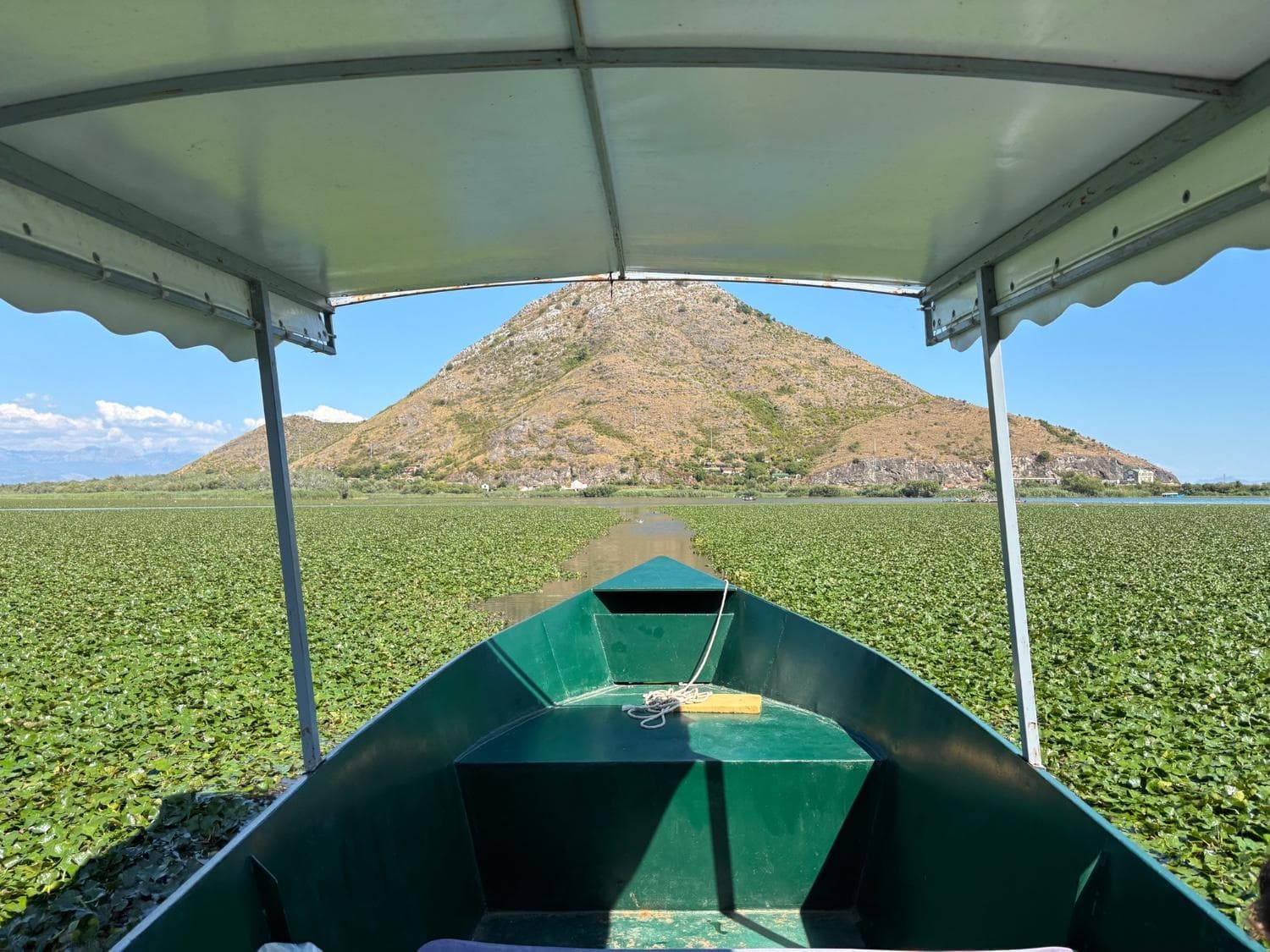 Blick von einem traditionellen Boot bei einer Bootstour auf dem Skadar See